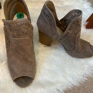 Fergalicious size 8 taupe peep, toe slip on bootie heels